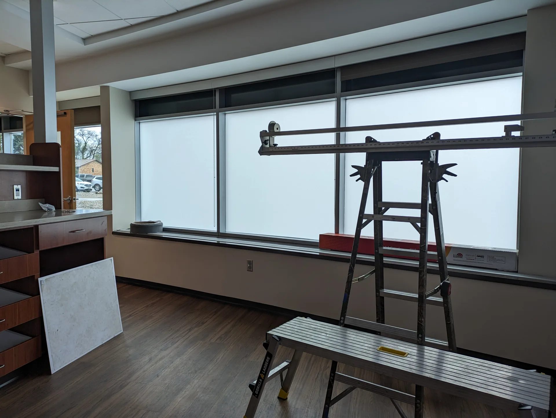 Le Mars hospital windows with architect-specified etched frost film (interior)