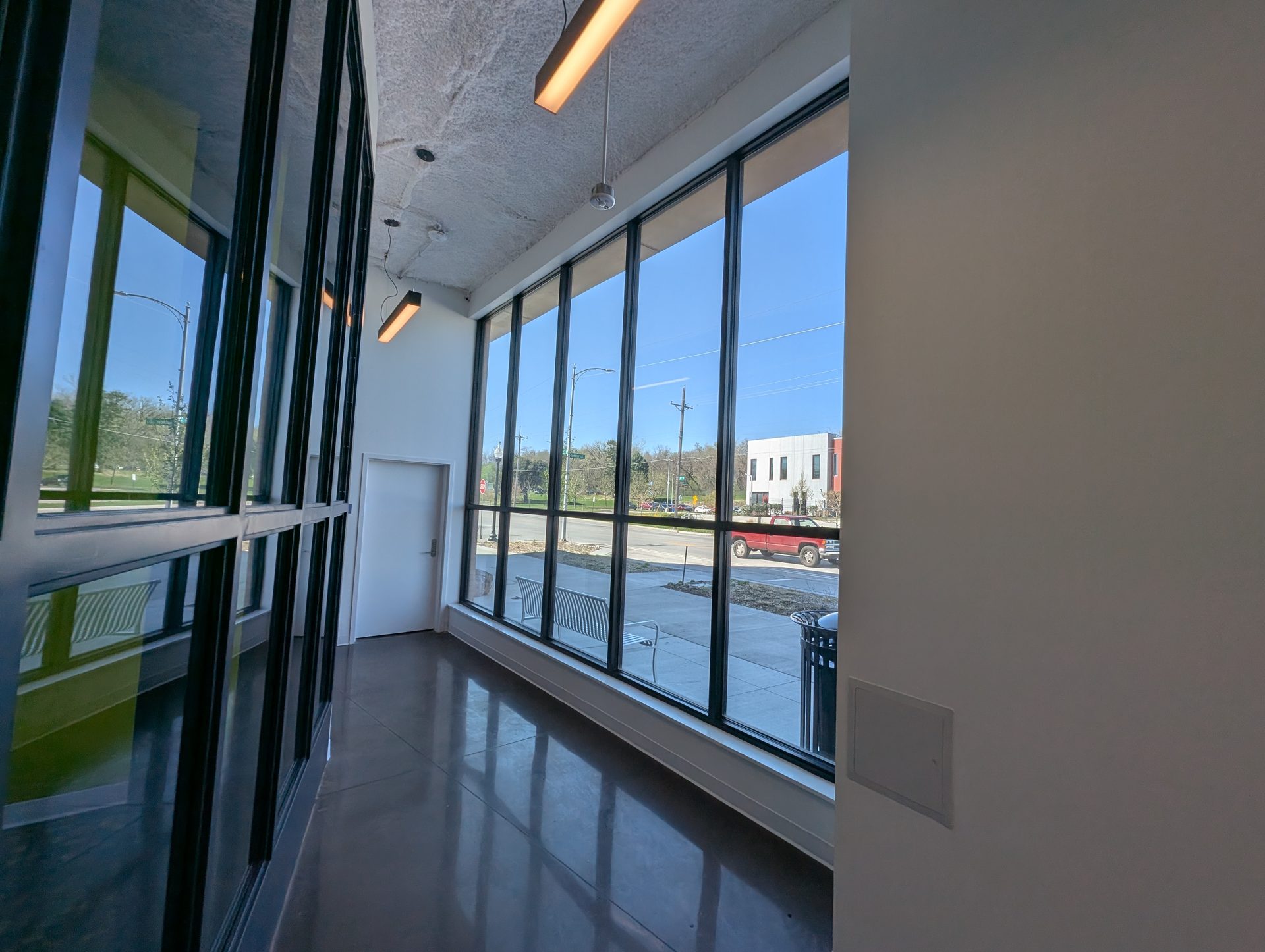Office hallway with tall windows