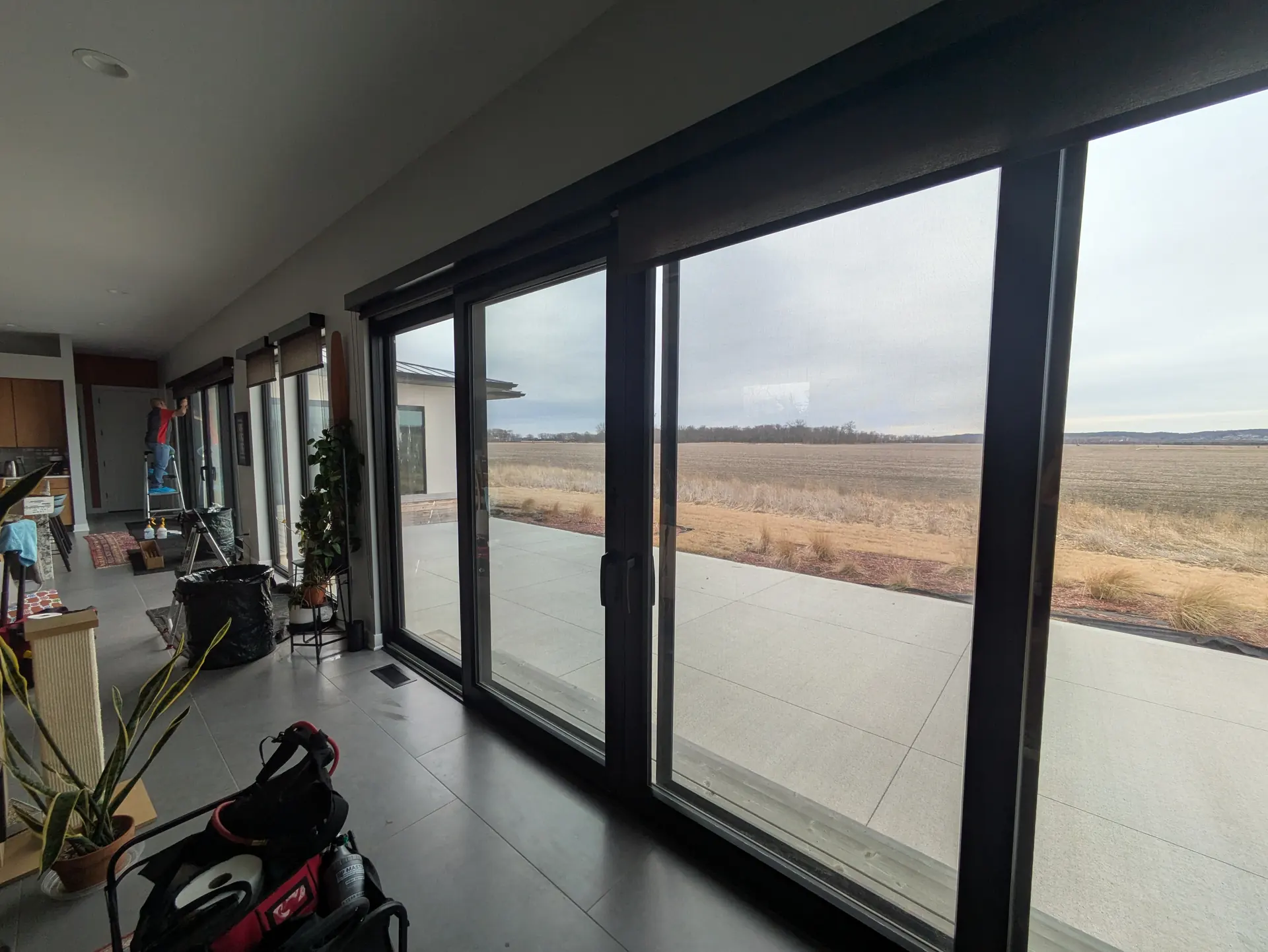 Home patio glass doors with window film, interior view